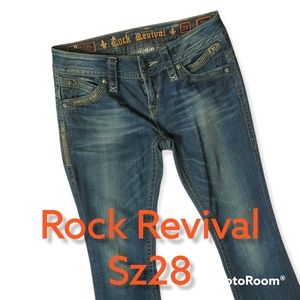 Rock Revival Gwen Boot Jeans Embellish Silver Bling Edge Stitch Fleur-de-lis 28